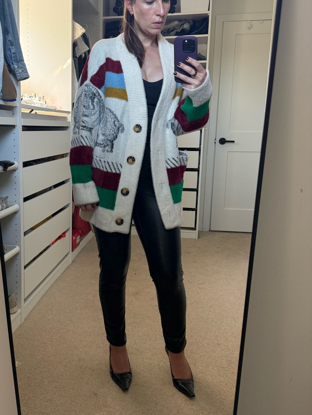 Cream Multicolor Striped Oversized Cardigan with Graphic Detail